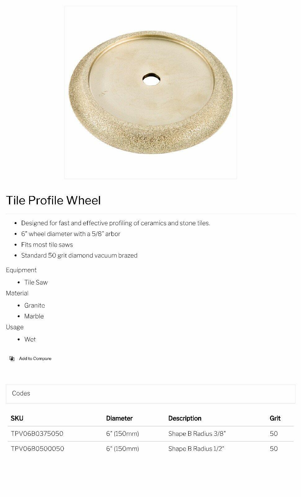 6" x Vacuum-Brazed Diamond Tile Profile Wheel SHAPE B X 3/8" Radius 50g - Diamond Blade Supply